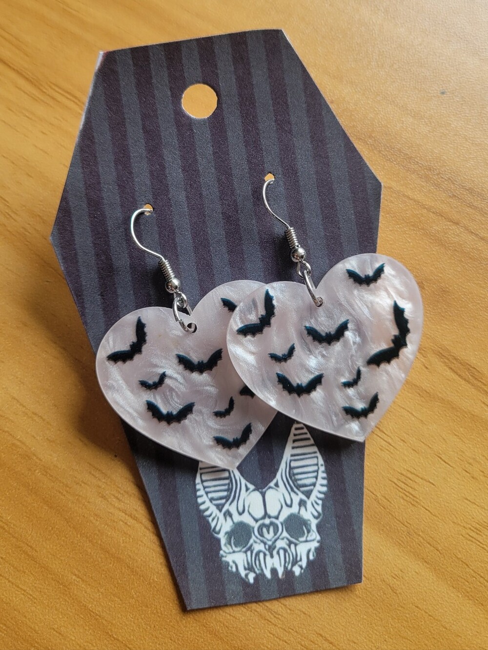 💀NEW💀 Hand Crafted Pink Heart Earrings with Black Bat Motif